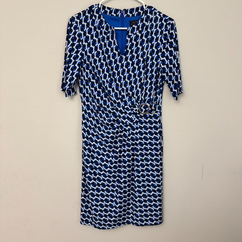 Tahari ASL Size 6 Blue Geometric Mod Ruched O-Ring Career Sheath Dress